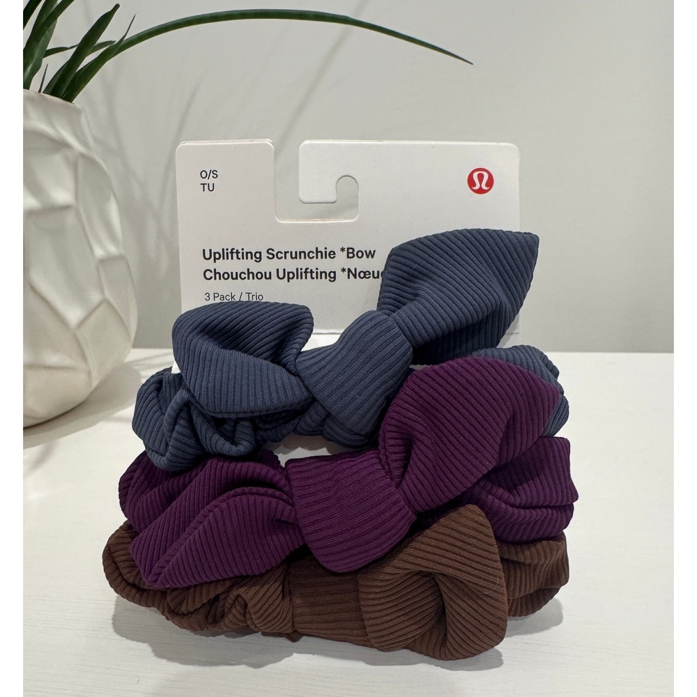 Lululemon Uplifting Scrunchie Bow 3 Pack Shale Blue Java Dramatic Magenta